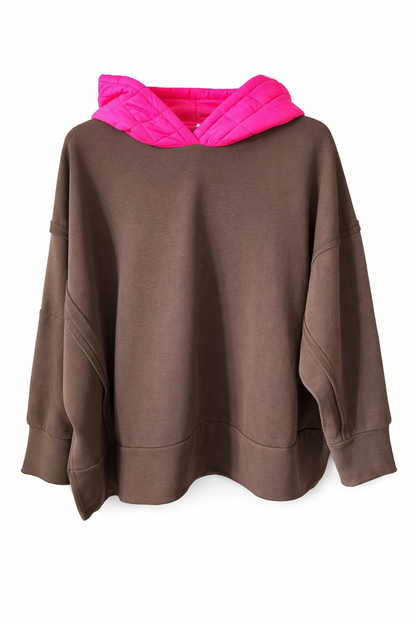 Hoodie Poncho mit Neon Pinker Kapuze