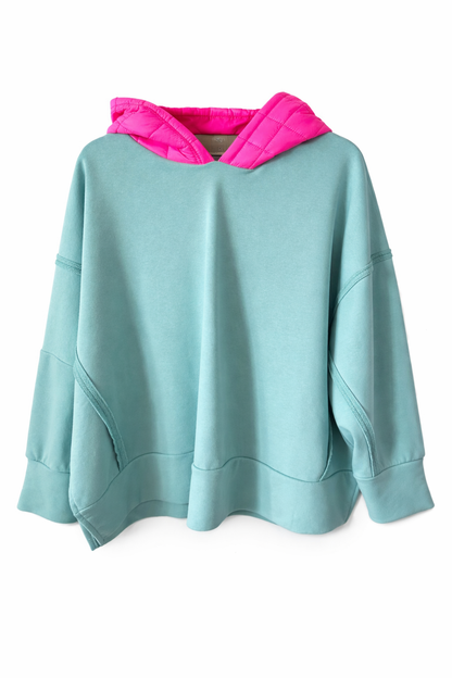 Hoodie Poncho mit Neon Pinker Kapuze