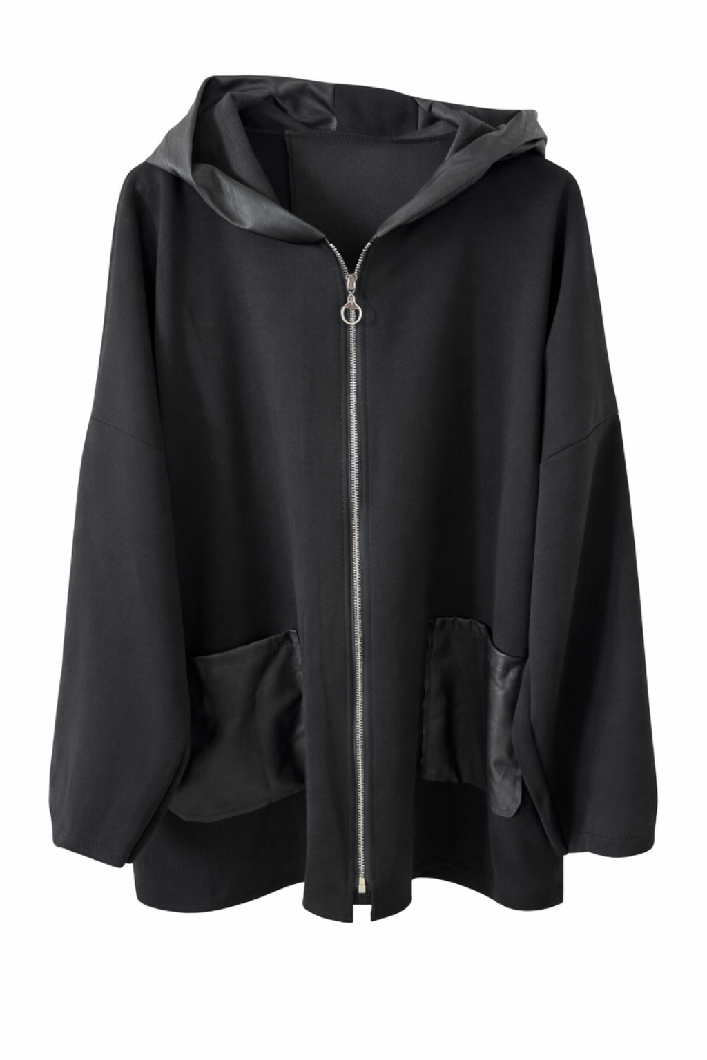 Jacke, tragbar 48-52/54, Kapuze, Reißverschluss, Taschen vorn, Schwarz, Wildlederimitat