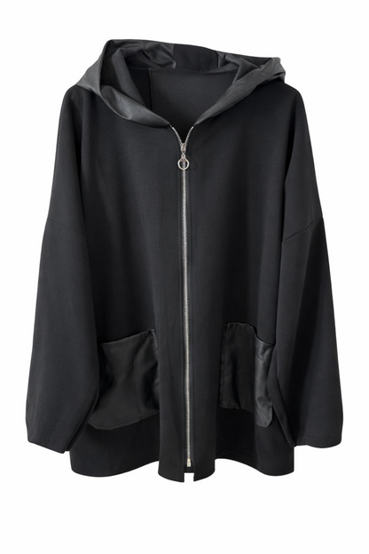 Jacke, tragbar 48-52/54, Kapuze, Reißverschluss, Taschen vorn, Schwarz, Wildlederimitat