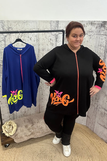 Jacke "King", tragbar 50-54, tragbar 54-58, Aufdruck vorn, Reißverschluss, Kapuze