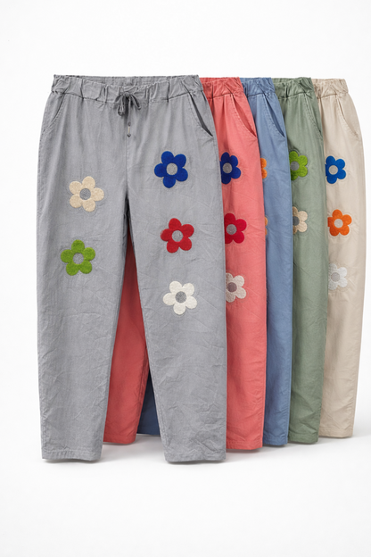 Stretch Hose Blume Glitzer, Blumen und Glitzer vorn , tragbar 50 - 58, Hosentaschen , Zugband, Stretch