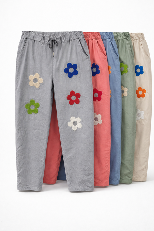 Stretch Hose Blume Glitzer, Blumen und Glitzer vorn , tragbar 50 - 58, Hosentaschen , Zugband, Stretch