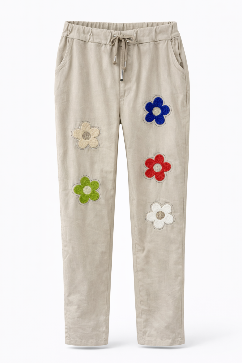 Stretch Hose Blume Glitzer, Blumen und Glitzer vorn , tragbar 50 - 58, Hosentaschen , Zugband, Stretch