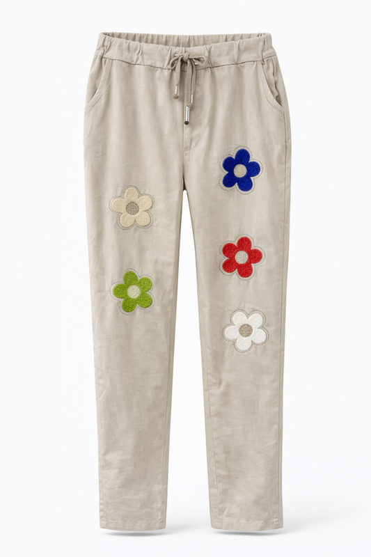 Stretch Hose Blume Glitzer, Blumen und Glitzer vorn , tragbar 50 - 58, Hosentaschen , Zugband, Stretch