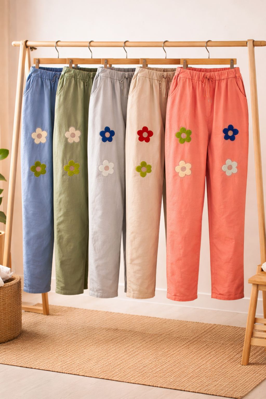 Stretch Hose Blume Glitzer, Blumen und Glitzer vorn , tragbar 50 - 58, Hosentaschen , Zugband, Stretch
