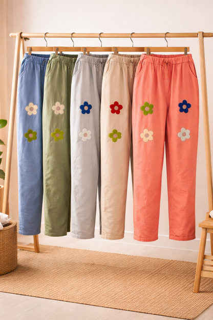 Stretch Hose Blume Glitzer, Blumen und Glitzer vorn , tragbar 50 - 58, Hosentaschen , Zugband, Stretch