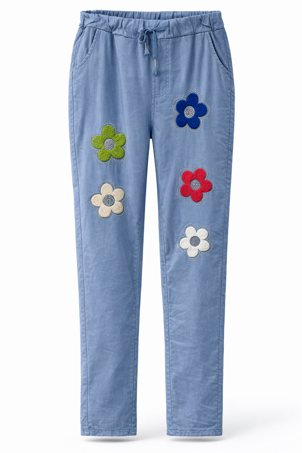 Stretch Hose Blume Glitzer, Blumen und Glitzer vorn , tragbar 50 - 58, Hosentaschen , Zugband, Stretch