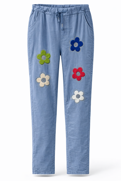 Stretch Hose Blume Glitzer, Blumen und Glitzer vorn , tragbar 50 - 58, Hosentaschen , Zugband, Stretch