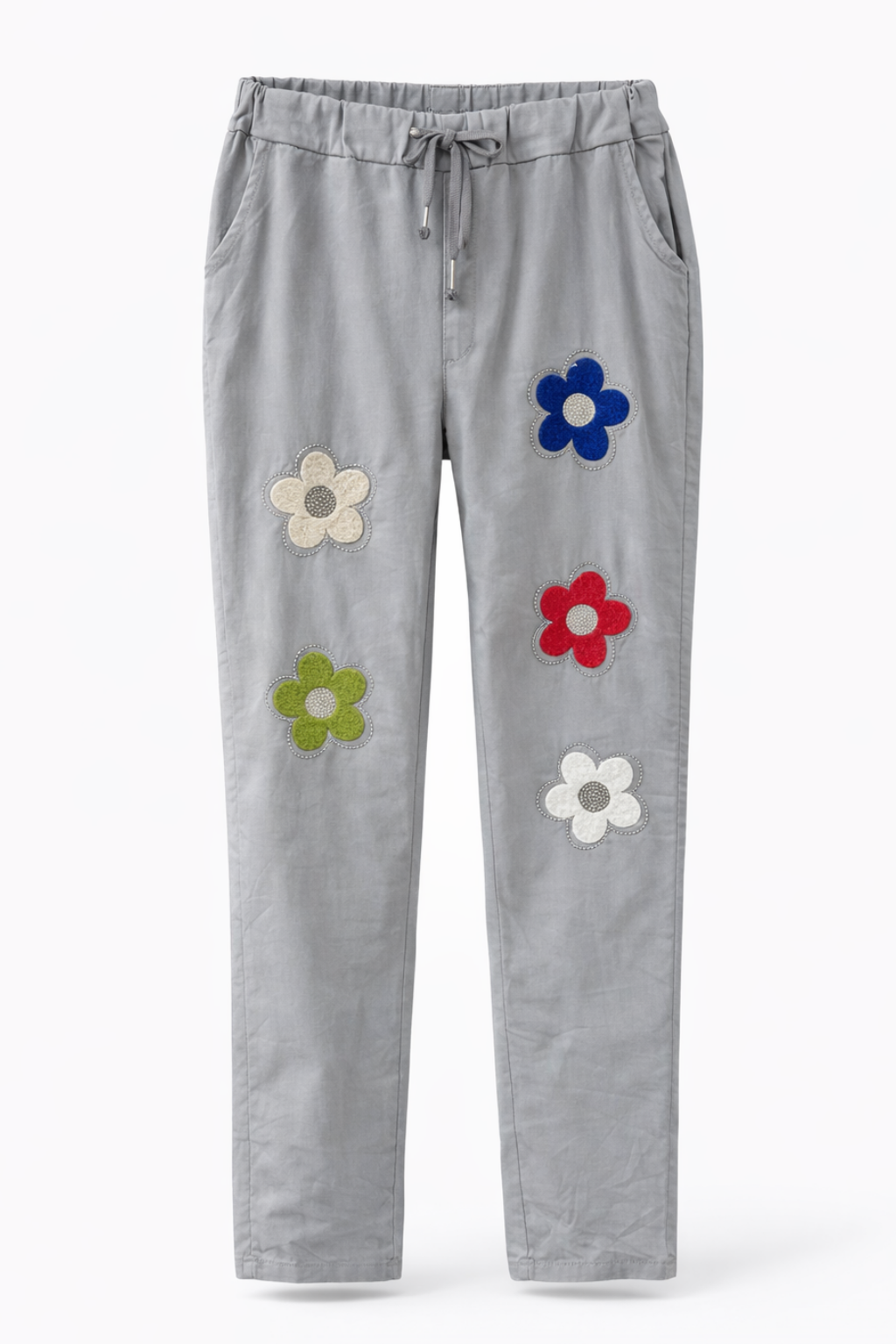 Stretch Hose Blume Glitzer, Blumen und Glitzer vorn , tragbar 50 - 58, Hosentaschen , Zugband, Stretch