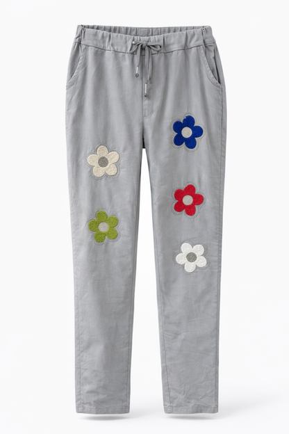 Stretch Hose Blume Glitzer, Blumen und Glitzer vorn , tragbar 50 - 58, Hosentaschen , Zugband, Stretch