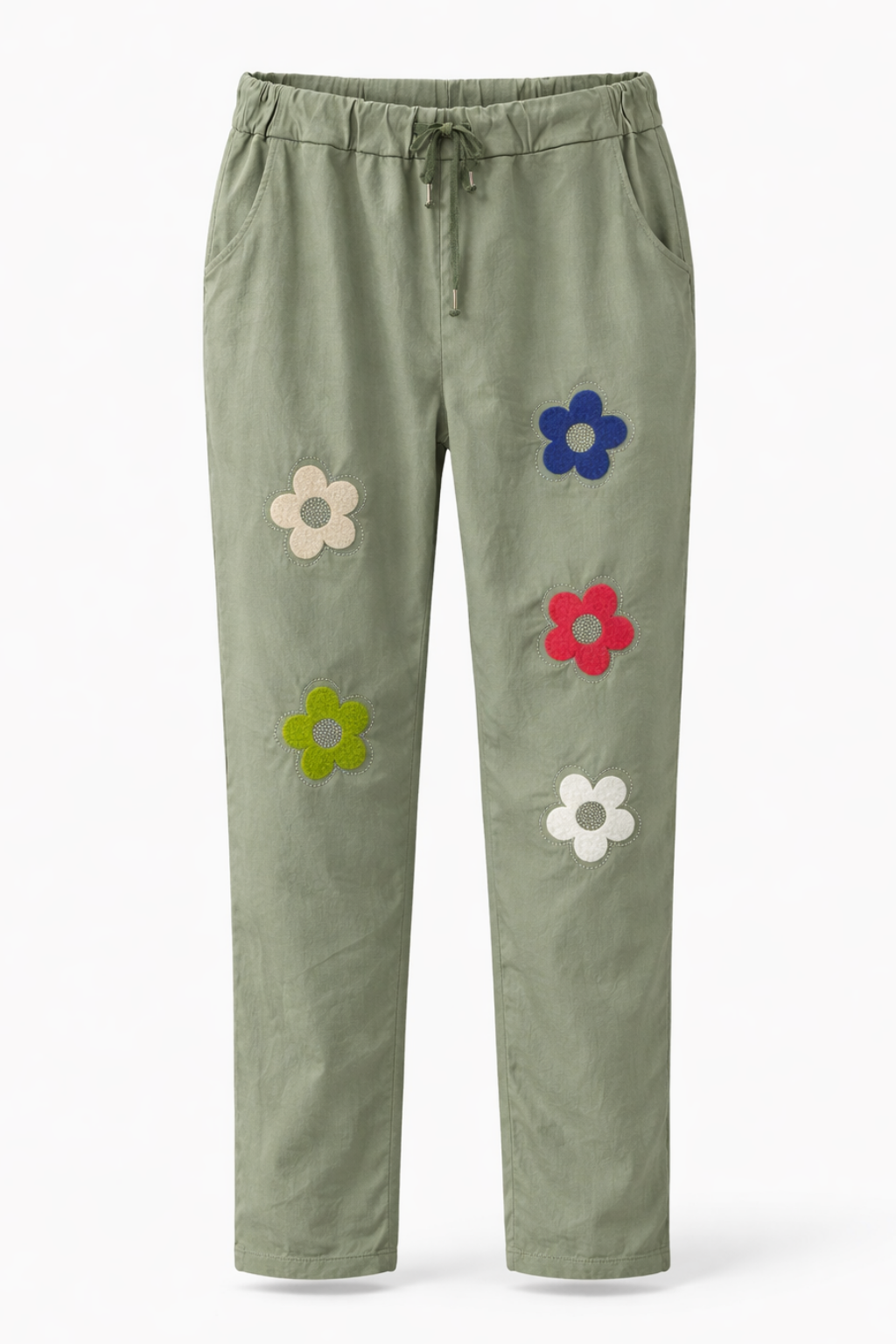 Stretch Hose Blume Glitzer, Blumen und Glitzer vorn , tragbar 50 - 58, Hosentaschen , Zugband, Stretch