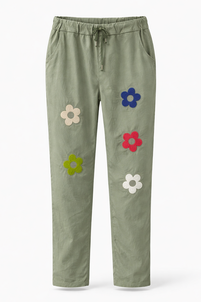 Stretch Hose Blume Glitzer, Blumen und Glitzer vorn , tragbar 50 - 58, Hosentaschen , Zugband, Stretch