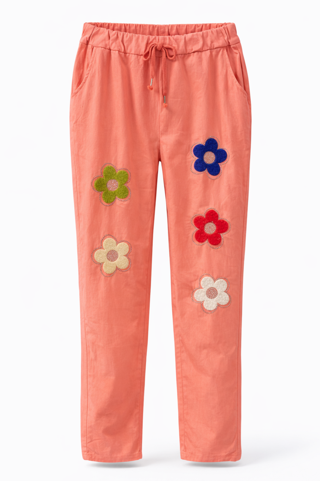 Stretch Hose Blume Glitzer, Blumen und Glitzer vorn , tragbar 50 - 58, Hosentaschen , Zugband, Stretch