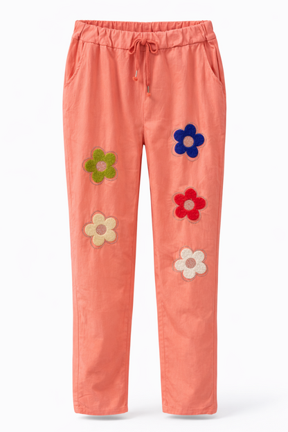 Stretch Hose Blume Glitzer, Blumen und Glitzer vorn , tragbar 50 - 58, Hosentaschen , Zugband, Stretch